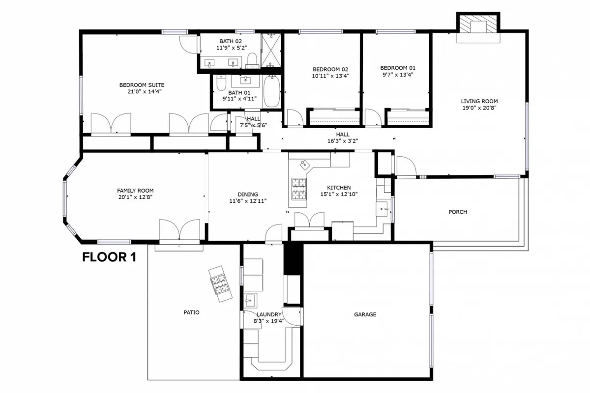 This image presents an inviting, open-concept interior, featuring a kitchen seamlessly connected to a welcoming family room, dining area, and a glimpse of a bedroom suite. The space exudes warmth and togetherness, with comfortable furnishings, gentle lighting, and a layout that promotes easy movement throughout—a clear indicator of the single-level, accessible design highlighted in the section.